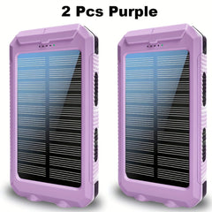 2pcs 20000mAh Portable Solar Power Bank, Portable Solar Mobile Phone Charger, Camping External Battery Charger for Mobile Phones, 2 USB/ LED Flashlights with Compass for Outdoor Activities