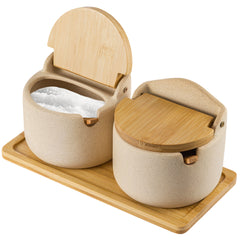 2-Piece Japanese Style Ceramic Spice Jars Set with Bamboo & Wood Lids – Kitchen Storage Containers for Salt, Sugar, Coffee & Tea | Airtight & Stylish Pantry Organisers for Home & Restaurants