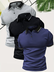 3pcs Set of Summer Collared Men'S Short Sleeve Polo Shirts Solid Color Plain Multicolor Golf Shirts Casual Athletic Wear Men'S Top
