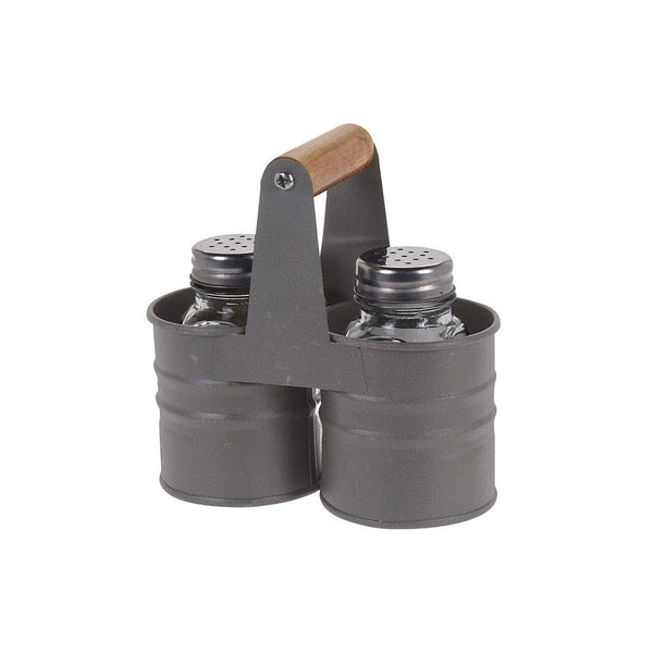 Envenzo Glass Salt and Pepper Shaker Set Grey Metal Tin Storage Holder Kitchen Restaurant Catering For Seasoning and Spices Classic Style
