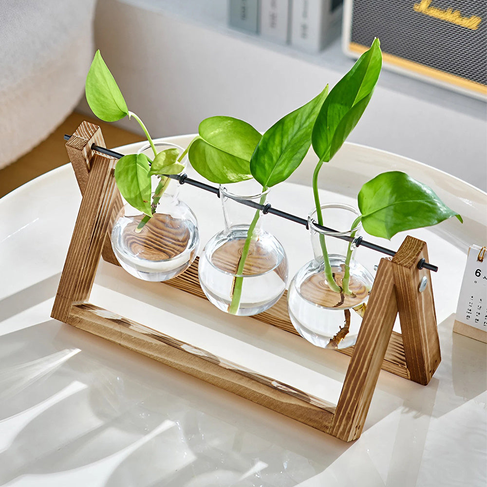 Multi-Tube Plant Propagation Station with Wooden Stand & Metal Swivel Holder, Desktop Retro Plant Terrarium Bulb Vase for Indoor Hydroponic Flowers, Tabletop Glass Planter Housewarming Gifts for Plant Lovers, 28x13.8cm (3 Tubes)