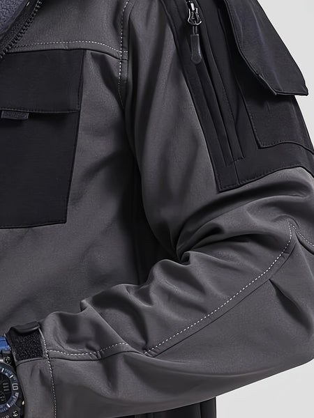 Men'S Fleece Warm Softshell Jacket Outdoor Camping Mountaineering Skiing Hiking Jacket Multi-Pocket Hooded Tactical Coat Autumn And Winter Workwear