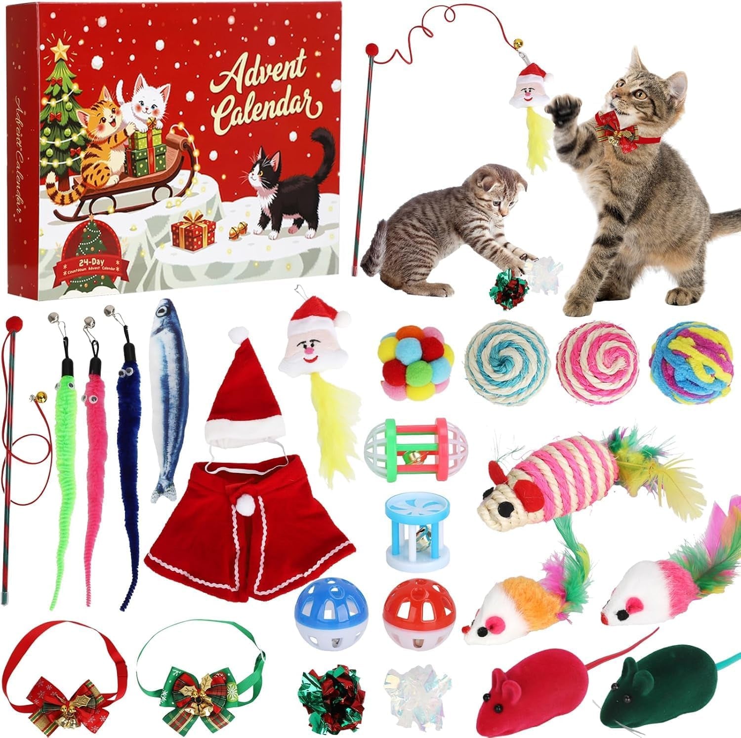 Cat Advent Calendar 2025, 24 Day Countdown to Christmas Cat Gifts with 24Pcs Assorted Cat Interactive Toys Countdown Calendar for Kitten Flurry Friends