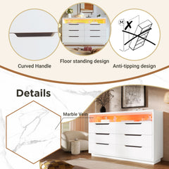 Marbled 6-Drawer Sideboard, Modern Storage Cabinet with Lighting & Shelves, Chest of Drawers for Living Room Home Office, 85 x 120 x 40 cm, White