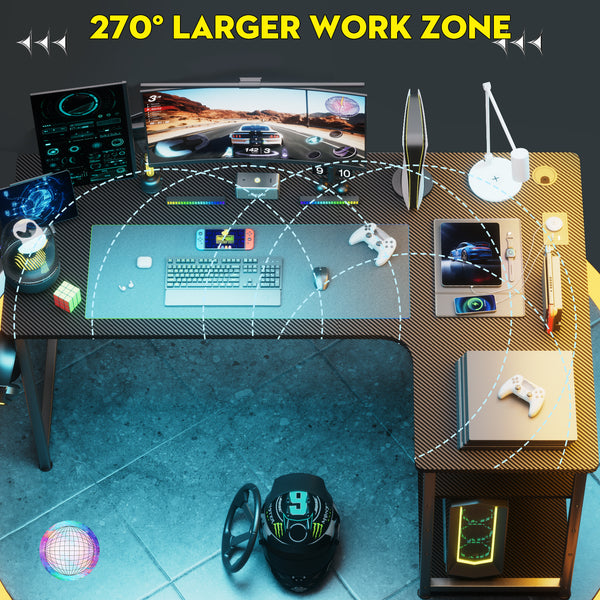 L Shaped Gaming Desk with Power Outlets Corner Computer Desk 110x80CM with Shelves Headphone Hook PC Table Workstation for Home Office Bedroom