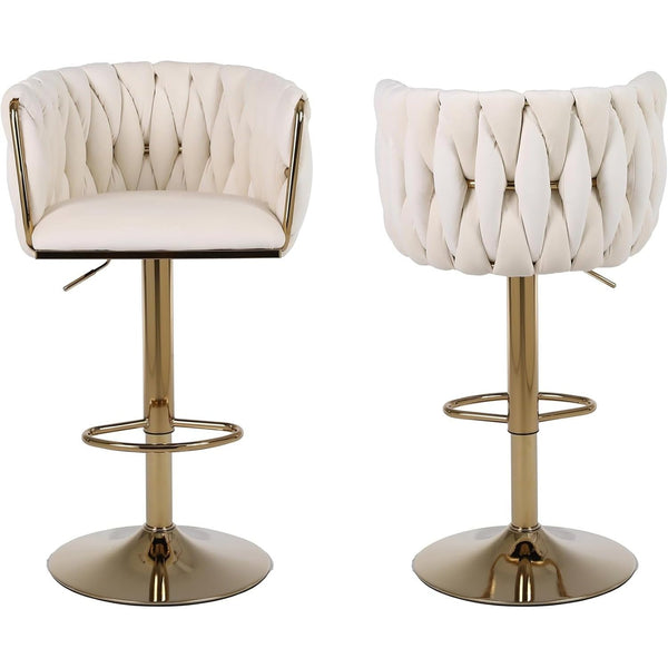 Set of 2 x Velvet Woven Upholstered Adjustable High Swivel Breakfast Bar Pub Home Stool Chair With Gold Metal base & Gas Lift (Cream/Gold)
