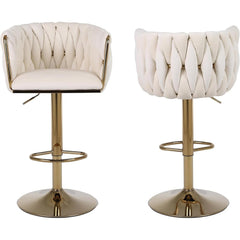 Set of 2 x Velvet Woven Upholstered Adjustable High Swivel Breakfast Bar Pub Home Stool Chair With Gold Metal base & Gas Lift (Cream/Gold)