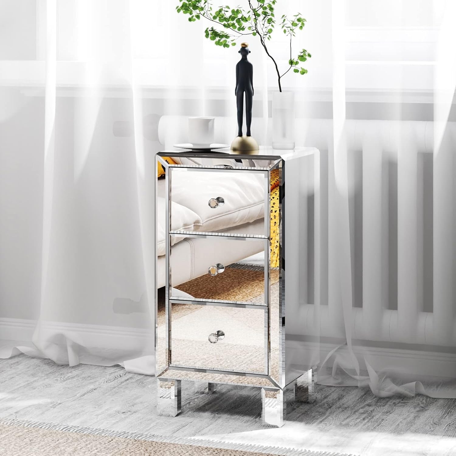 Bonnlo 3-Drawer Mirrored bedside tables for Bedroom, Living Room, Silver, 11.7