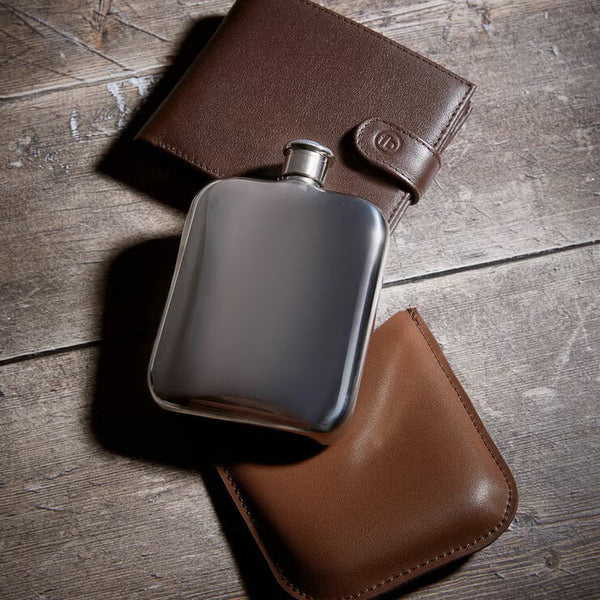 Fred Bennett Stainless Steel Brown Leather Hip Flask, Personalisation Available