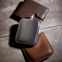 Fred Bennett Stainless Steel Brown Leather Hip Flask, Personalisation Available