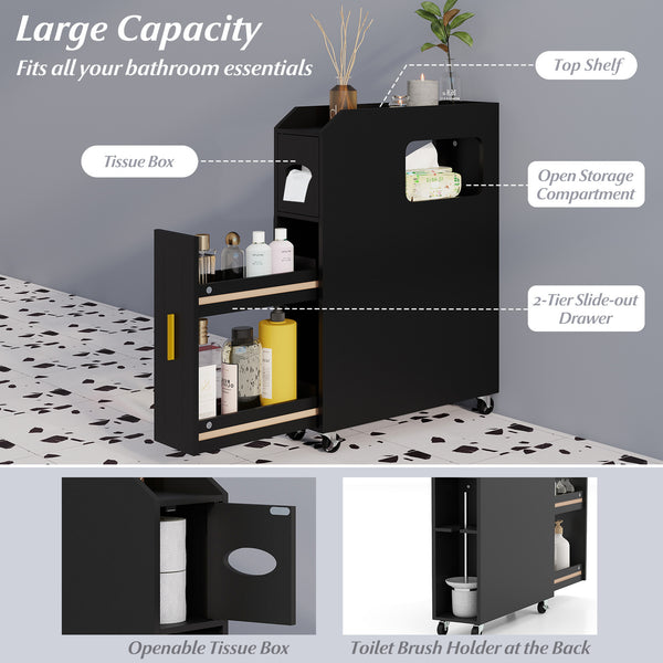 GYMAX 16 CM Slim Bathroom Cabinet, Rolling Beside Toilet Storage Cart with Toilet Paper & Brush Holder, Slide-out Drawer, 2 Lockable Wheels, Space-saving Organizer for Laundry Room, Living Room, Black
