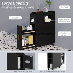 GYMAX 16 CM Slim Bathroom Cabinet, Rolling Beside Toilet Storage Cart with Toilet Paper & Brush Holder, Slide-out Drawer, 2 Lockable Wheels, Space-saving Organizer for Laundry Room, Living Room, Black