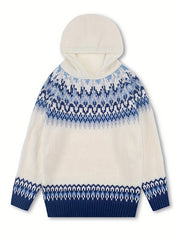 Women's Winter Hooded Jacquard Sweatshirt Style Glacier Snow Mountain Chunky Elegant Fashionable Comfortable Casual Vintage Commuter Soft Slim-Fit Top