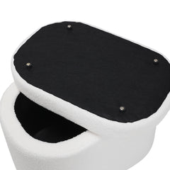 1pc Plush Teddy Round Upholstered Storage Ottoman Stool - 60x40x45cm Lidded Footrest with Hidden Storage Space | Multi-Functional Shoe Changing Bench for Living Room, Bedroom & Entryway | 3cm Black Plastic Legs (Green/White)