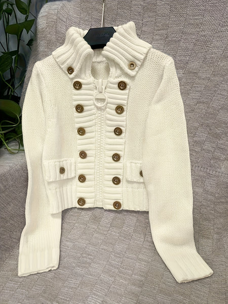 Christmas Women's Elegant Cardigan - Front Zipper & Multi Buttons, Stand-Up Collar Sweater, Structured Fit for Office, Party, Everyday - All-Season Chic Outerwear, Office Wear, Textured Knitwear, Ribbed Texture, Stylish Coverup, Working Professionals