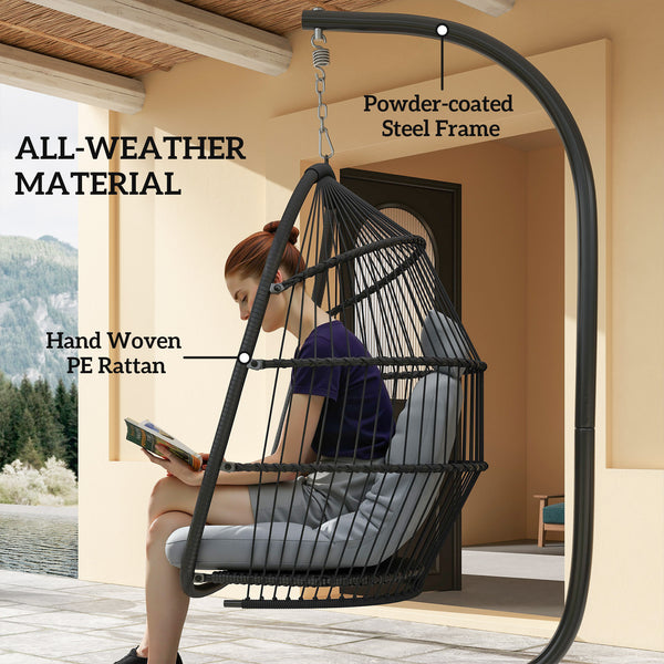 Rattan Hanging Egg Chair with Stand, Foldable Wicker Swing Egg Chair with Cushion, Head Pillow, Steel Frame, Hammock Chair for Indoor Outdoor, Capacity 150 kg, Dark Grey