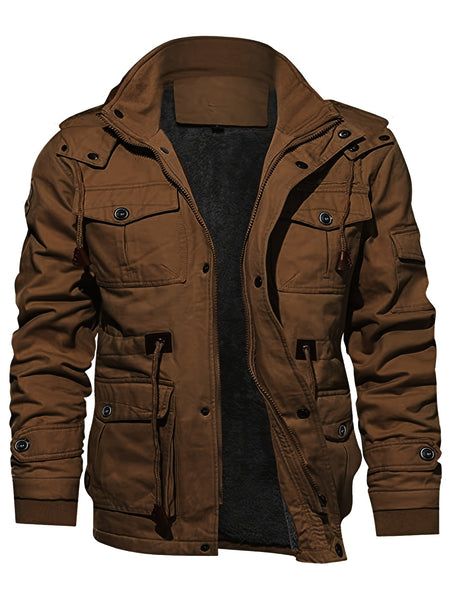 Men's Mid-Length Fleece-Lined Hooded Jacket with Multiple Pockets, Winter Casual Outdoor Workwear Coat