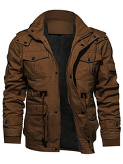 Men's Mid-Length Fleece-Lined Hooded Jacket with Multiple Pockets, Winter Casual Outdoor Workwear Coat