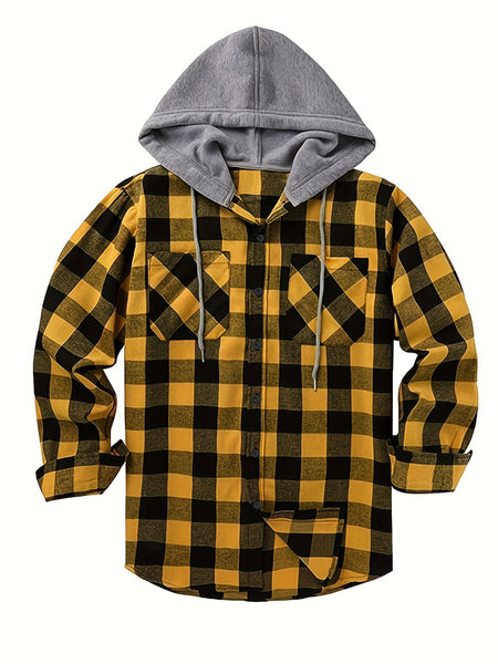 2pcs Men's New York Fashion Trendy Plaid Shirt Hoodie, Plaid Pullover Sweatshirt Flannel Hoodie