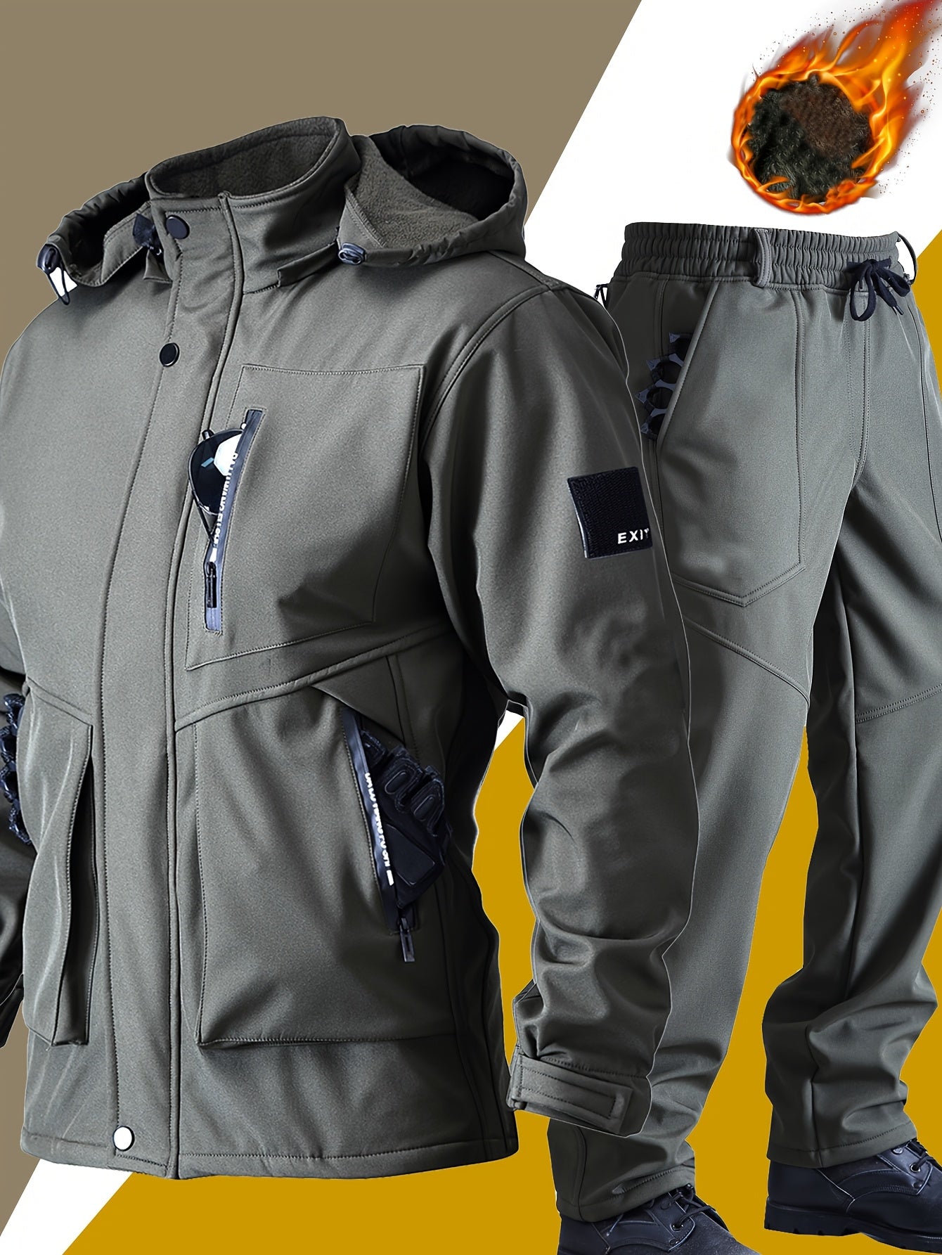 Men's Casual  Set: Warm Fleece-Lined Jacket & Cargo Pants with Zipper Hood - Durable Polyester, Multiple Pockets, Ideal for  & Camping