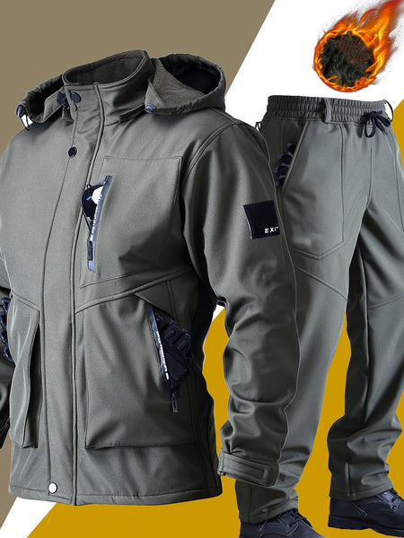 Men's Casual  Set: Warm Fleece-Lined Jacket & Cargo Pants with Zipper Hood - Durable Polyester, Multiple Pockets, Ideal for  & Camping