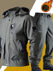 Men's Casual  Set: Warm Fleece-Lined Jacket & Cargo Pants with Zipper Hood - Durable Polyester, Multiple Pockets, Ideal for  & Camping