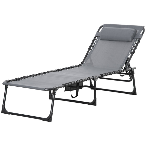 Portable Sun Lounger, Folding Camping Bed with Side Pocket and Pillow for Patio