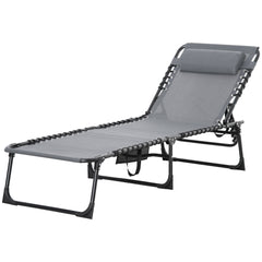 Portable Sun Lounger, Folding Camping Bed with Side Pocket and Pillow for Patio