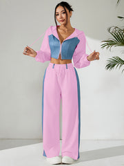 Women'S Suit Featuring a Two-Piece Set with Contrasting Colors, a Short Zip-Up Jacket with Long Sleeves for Spring And Autumn, Paired with Straight-Cut Elegant Casual Pants