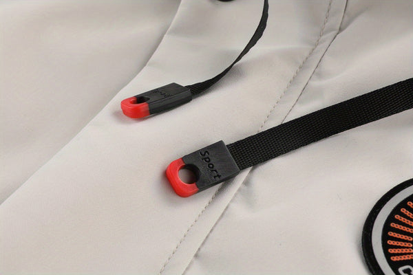 Multiple Pocket Design Men's Embroidery Long Sleeve Zip Up Drawstring Hooded Jacket, Men's Stand Collar Thin Jacket for Spring Outdoor