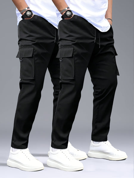 Men's 2pcs Cargo Pants with Drawstring Waist and Multiple Pockets, Suitable for Outdoor Casual Wear