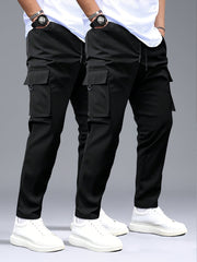 Men's 2pcs Cargo Pants with Drawstring Waist and Multiple Pockets, Suitable for Outdoor Casual Wear