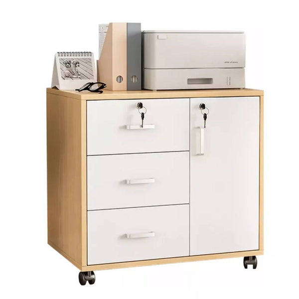 Three-Drawer File Cabinet, Movable Printer Stand with Adjustable Shelf, Rolling Lateral Filing Cabinet on Wheels, Bedside Storage Unit with Lock And Removable Wheels, Anti-Theft End Table for Document Storage in The Bedroom