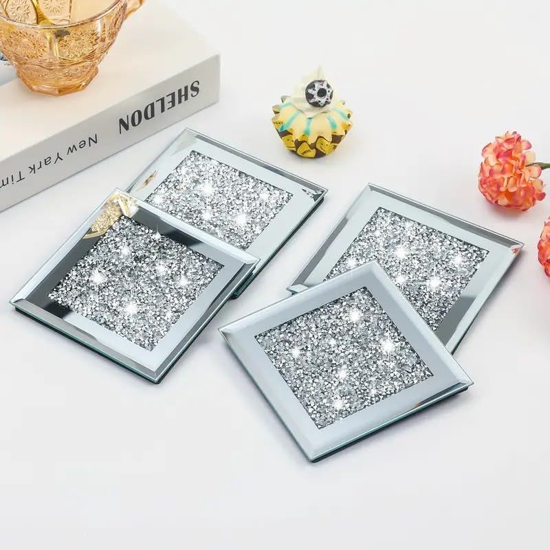 Set of 4 Square Crystal Coasters – 10cm Glass Mirrored Drink Coasters with Glitter Crushed Diamond Design – Elegant Coasters for Home, Kitchen, Bar, or Table Decoration