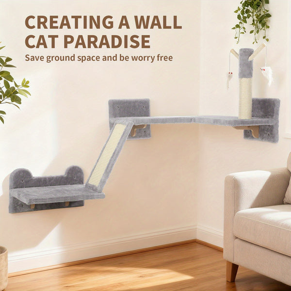 Pet Wall Furniture, 3pcs Cat Shelves with Scratching Posts, Scratching Pads, Perches, Cat Wands, Toy Balls, Corner Design Cat Wall Shelves for Indoor Cats, Kittens, Light Grey
