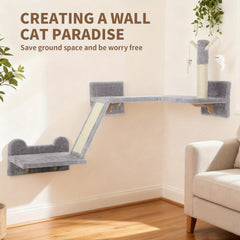 Pet Wall Furniture, 3pcs Cat Shelves with Scratching Posts, Scratching Pads, Perches, Cat Wands, Toy Balls, Corner Design Cat Wall Shelves for Indoor Cats, Kittens, Light Grey