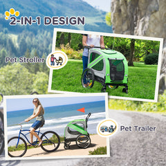 Pawhut 2-In-1 Dog Bike Trailer Stroller W/ Universal Wheel Reflector Flag Green