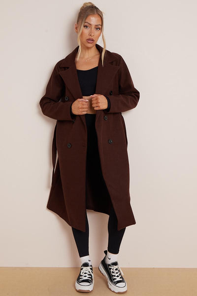 Women's Classy Solid Color Double Breasted Detachable Belted Pocket Pea Coat, Lapel Neck Long Sleeve Outerwear for Fall & Winter