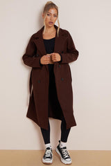Women's Classy Solid Color Double Breasted Detachable Belted Pocket Pea Coat, Lapel Neck Long Sleeve Outerwear for Fall & Winter
