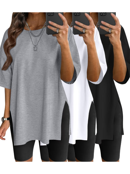 3pcs Oversized Women'S Loose Top Round Neck Casual Basic Shirt Fashion Side Slit Loose Short Sleeve T-Shirt