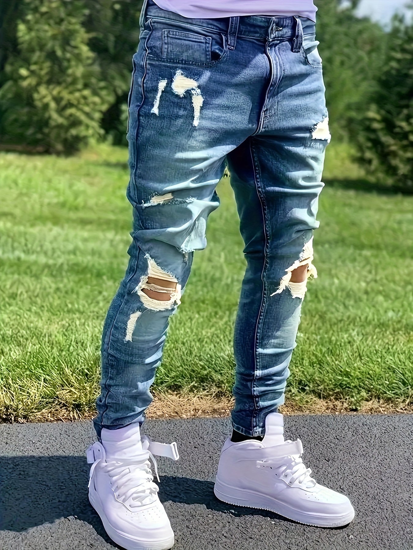 Men's Stretchy Jeans with Ripped Holes - Trendy and Versatile Long Pants