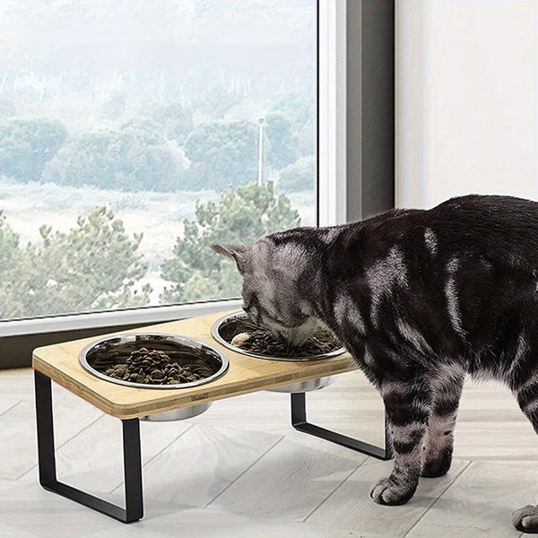 Raised Cat Food Bowl Elevated Pet Feeder With 2 Stainless Steel Bowls, 15°Tilted Stand Indoor Cats Double Dishes Feeding Station, 33*16*12cm