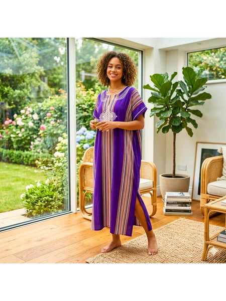 Women Boho Kaftan Dress Long Embroidered Beach Cover Up Lightweight Summer Kaftan Maxi Dress Loose Fit Swimwear Cover Up Holiday Beachwear Gandouri