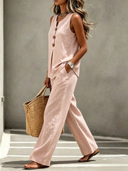 Spring Summer Women's Matching 2pcs Sets, V-Neck Sleeveless Button Top & Flowy Wide Leg Pants, Casual Resort Style Loungewear, Perfect for Summer Holiday, Staycation & Casual Outings, Holiday Essential