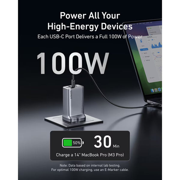 Anker Prime Charger (100W, 3 Ports, Ganprime) with 0.9 M & 1.8M 240W USB-C Cables