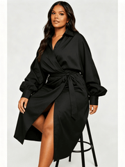 Women Wrap Midi Shirt Dress, Long Sleeve Lapel Side Zip Ruched Split Hem Dresses, Casual Office Party Dress