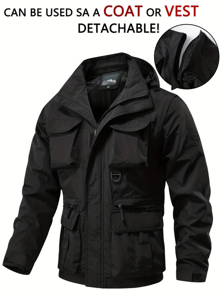 Detachable Windbreaker Hooded Jacket, Men's Casual Multi Pocket Cargo Jacket Vest for Outdoor Activities