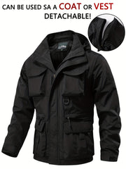 Detachable Windbreaker Hooded Jacket, Men's Casual Multi Pocket Cargo Jacket Vest for Outdoor Activities