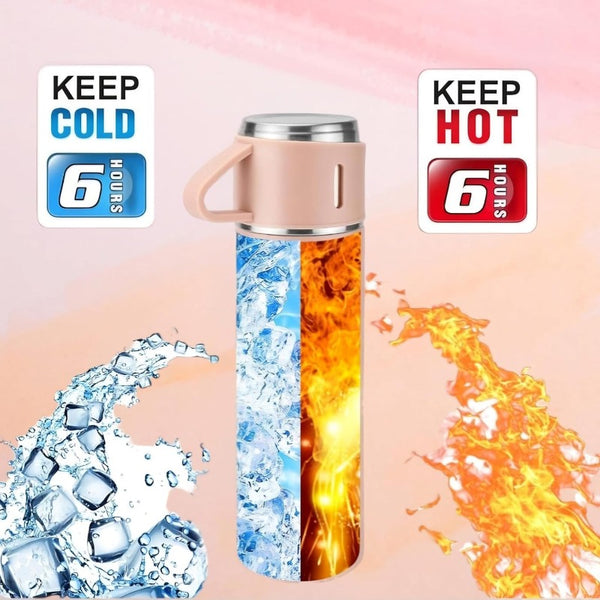 1 Set 500ml/16.9oz Stainless Steel Vacuum Insulated Bottle with 3 Cups Food-Contact Safe, Hot & Cold Insulation, Portable Leak-Proof Design – Perfect for Daily Use, Office, Travel & Ideal Gift for Her