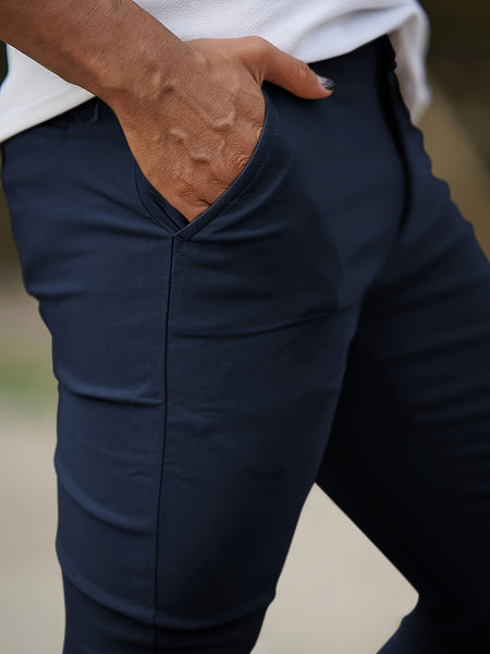 Heyfanee Men's Slim-Fit Elastic Waist Trousers - Khaki Low-Rise Casual Pants with Button Closure & Pockets, All-Season Machine Washable for Daily Wear, Durable Fabric